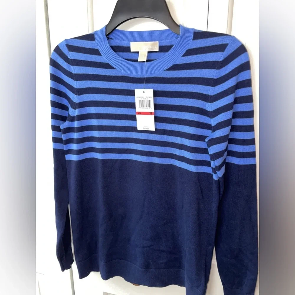 Michael Kors was blue striped crewneck blouse XS L39-12 - Picture 1 of 5